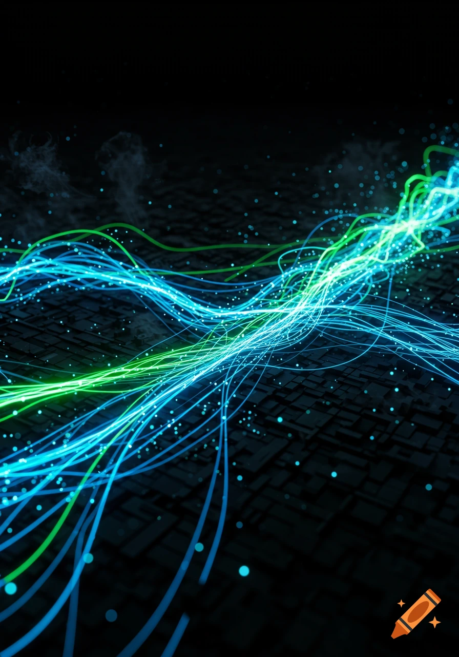 Glowing blue and green lines resembling data streams flow across a dark, textured surface with particles.