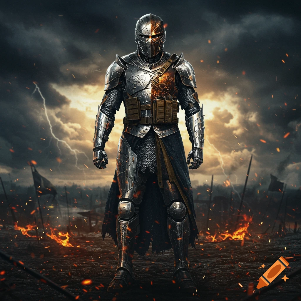 A soldier or knight in detailed, glowing armor stands in a fiery battlefield under a stormy, lightning-filled sky.