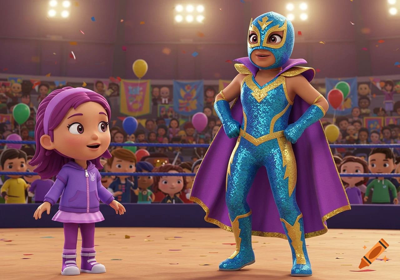A cartoon of a young girl and a masked female wrestler in a colorful costume standing in a wrestling arena with a crowd.
