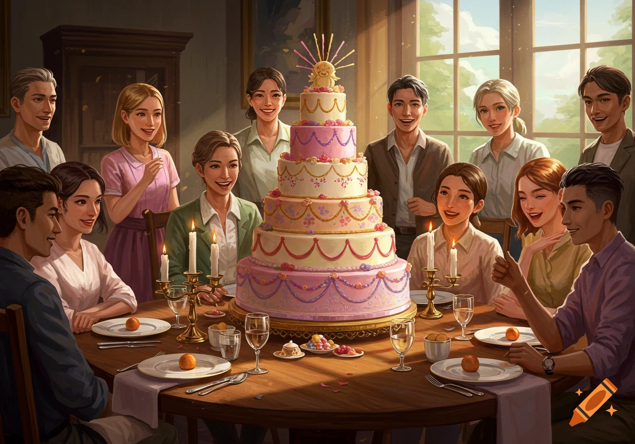A large, multi-tiered cake with candles on a table, surrounded by a group of smiling people in a bright room.
