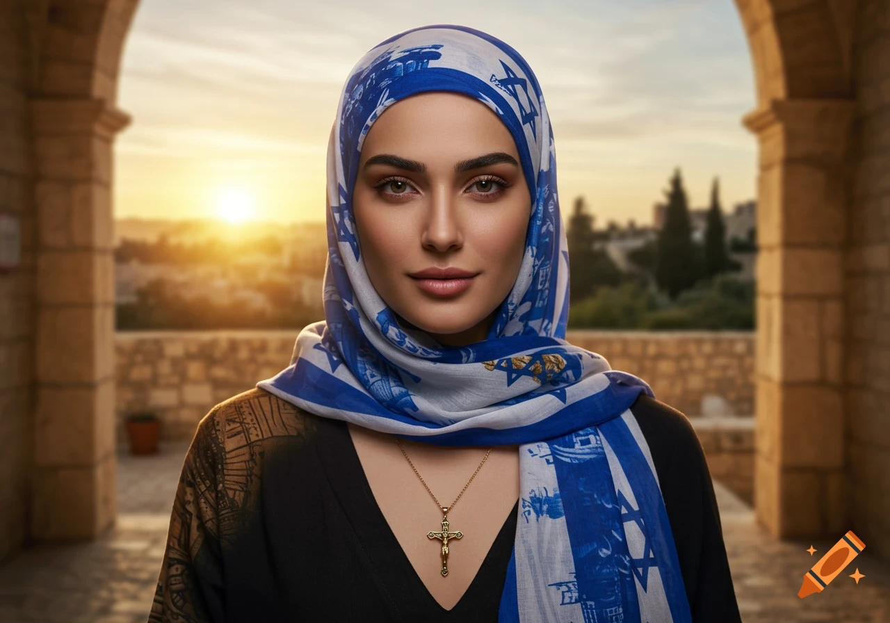 A photorealistic portrait of a woman wearing an Israel-themed hijab and a crucifix necklace, standing under arches at sunset.
