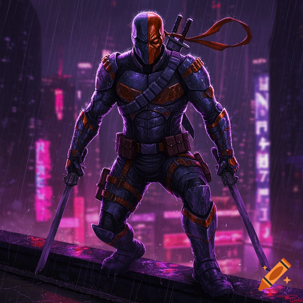 Deathstroke in a purple and orange armored suit with katanas on a rainy cyberpunk rooftop. Comic art style.