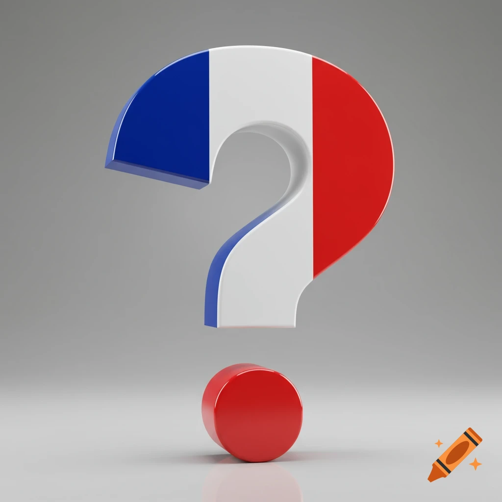 A 3D rendered question mark stylized with the French flag colors and vertical stripes, standing on a reflective gray surface.