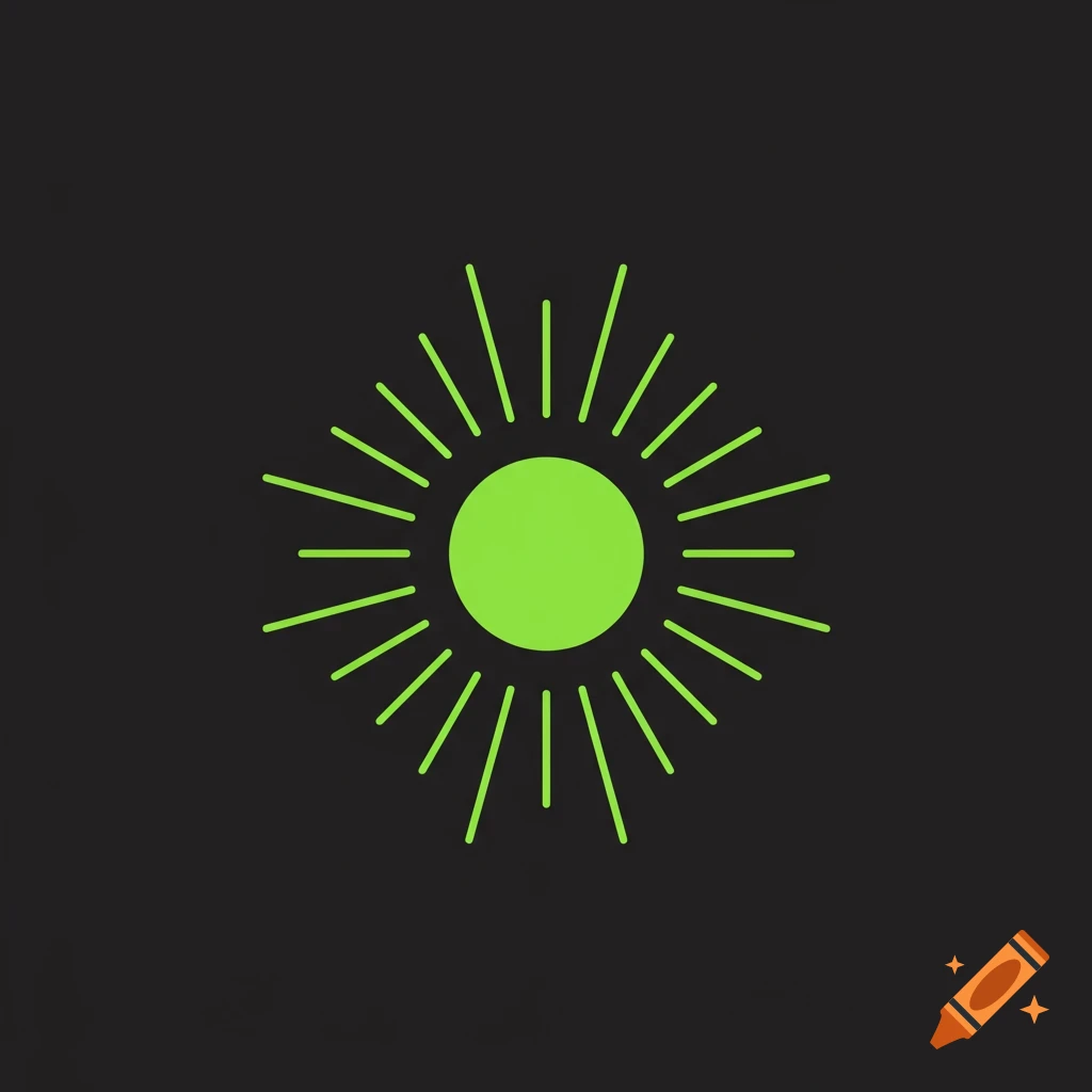 Bright green flat icon of a central circle with radiating lines on a black background.