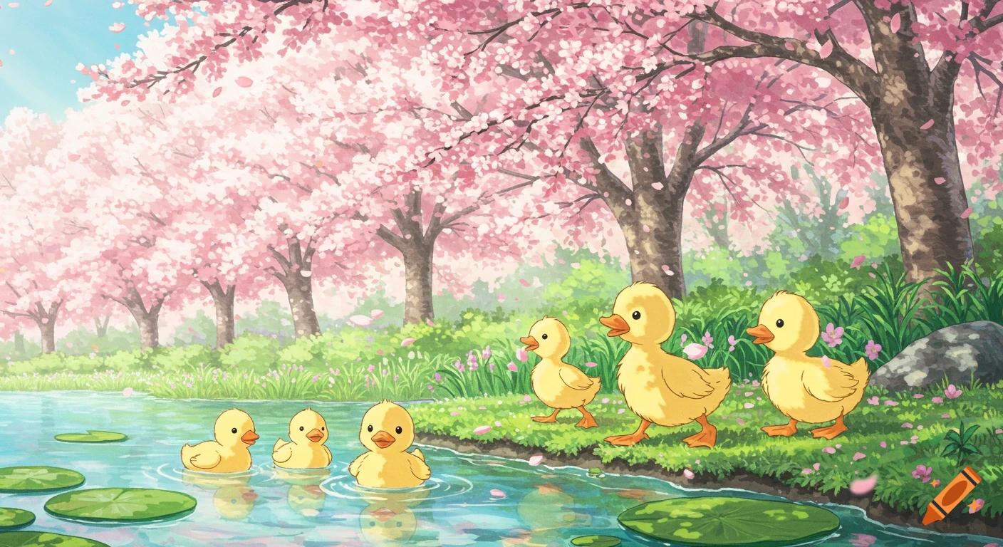 Cute yellow ducklings waddle and swim in a pond surrounded by pink cherry blossom trees in an anime art style.