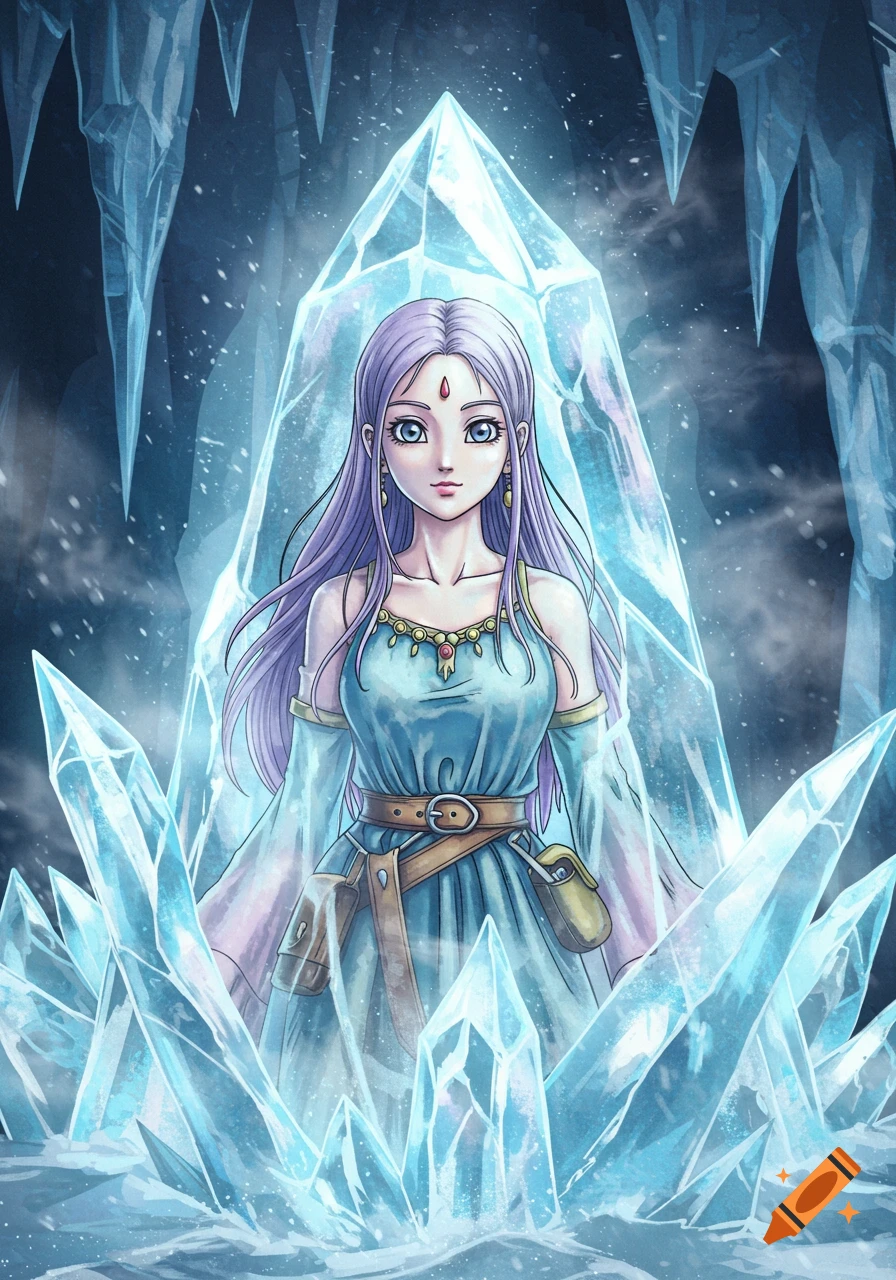 An anime-style woman with lavender hair in a blue dress stands among glowing ice crystals in an icy cave.