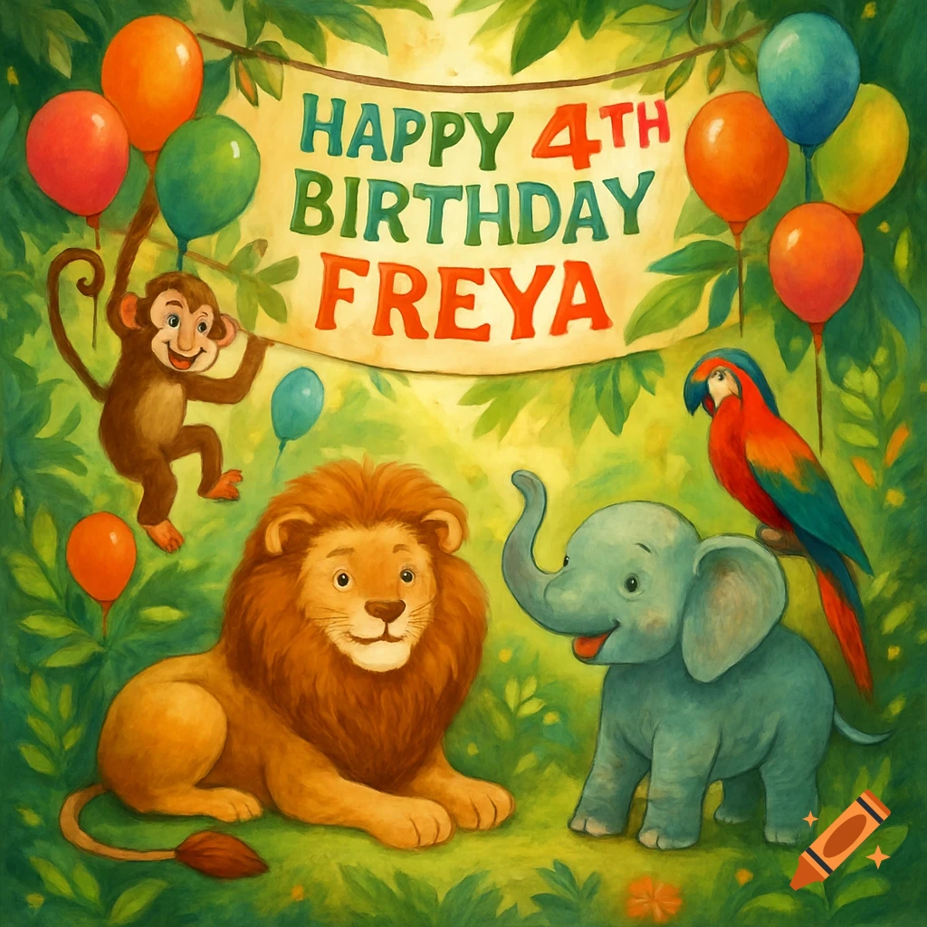 Watercolor illustration of jungle animals celebrating a birthday with a banner reading 'Happy 4th Birthday Freya'. Features a lion, monkey, elephant, and parrot among balloons and foliage.