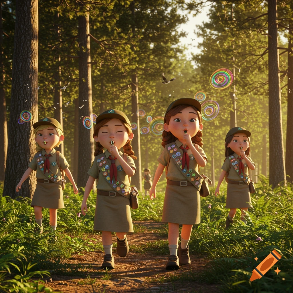 Four young girls in scout uniforms blowing colorful bubbles while walking on a path through a sunlit forest, in a 3D animated style.