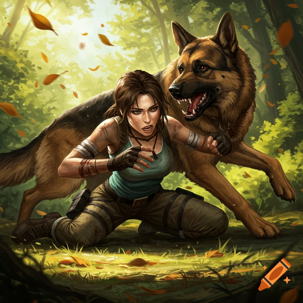 Lara Croft on one knee, facing off against an aggressive German Shepherd in a forest, in an illustrative style.