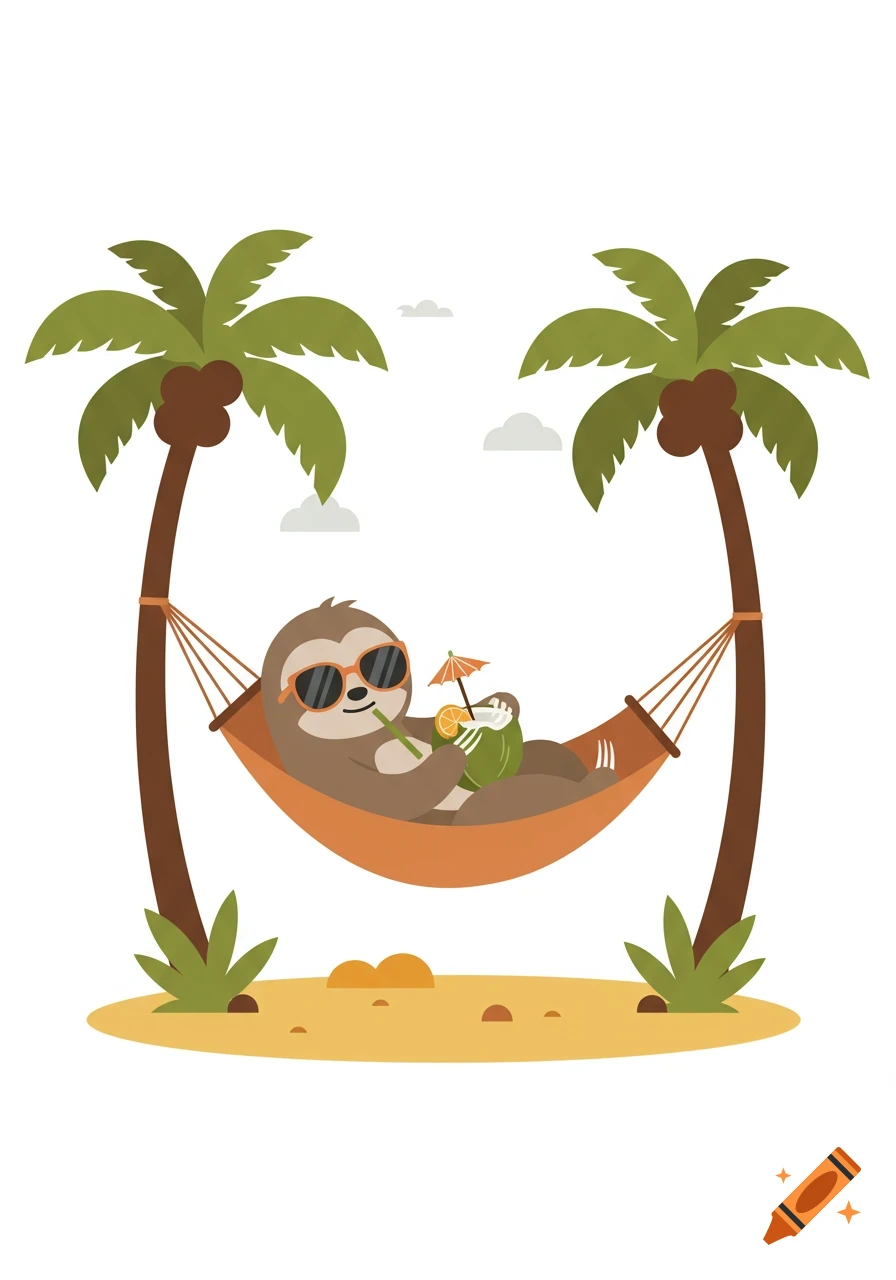 A cartoon sloth with sunglasses relaxes in a hammock between palm trees, sipping a coconut drink. Line art illustration.