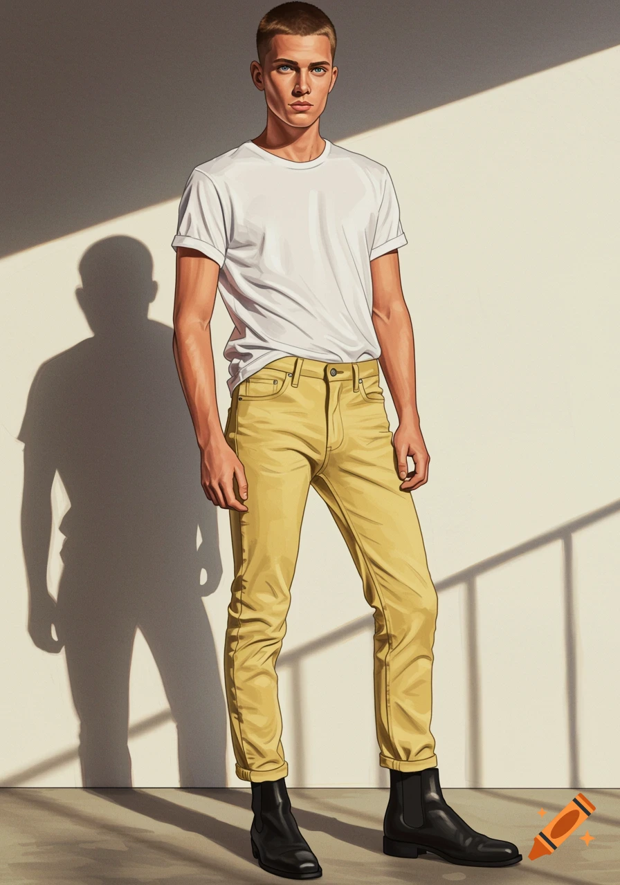 Illustrated portrait of a lean man with a buzzcut, wearing a white t-shirt, yellow jeans, and black boots, standing in sunlight.