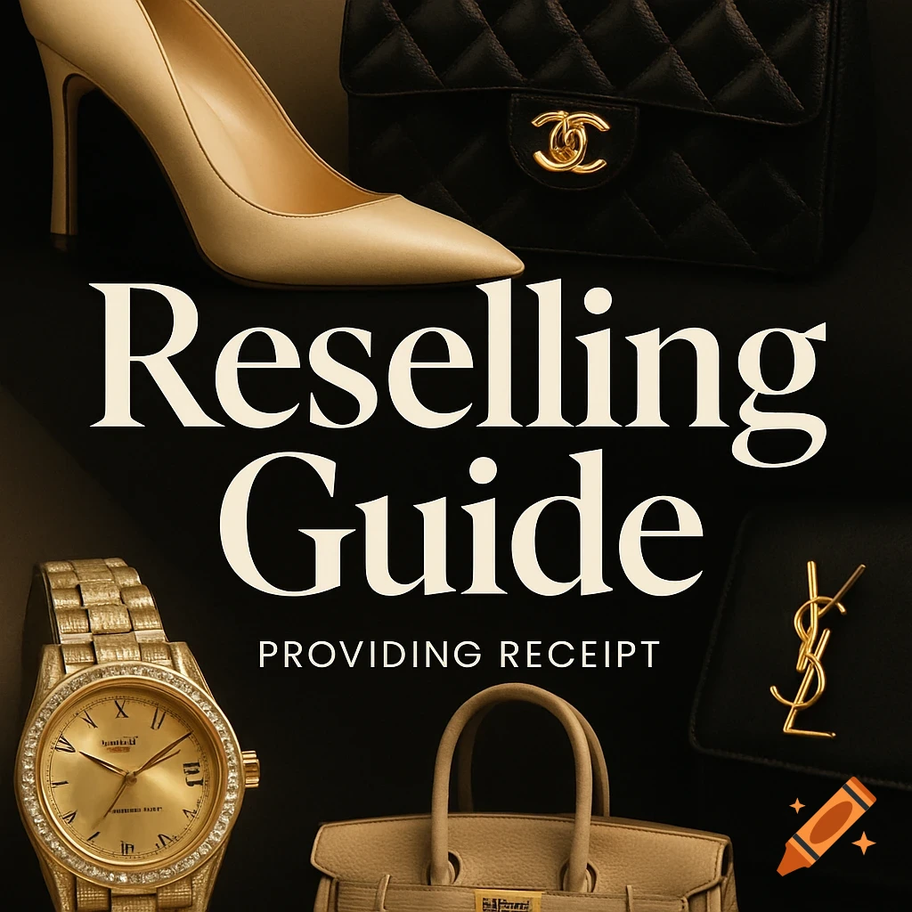 A cover image for a 'Reselling Guide' featuring various luxury items like a high-heeled shoe, handbags, a watch, and a wallet on a dark background.