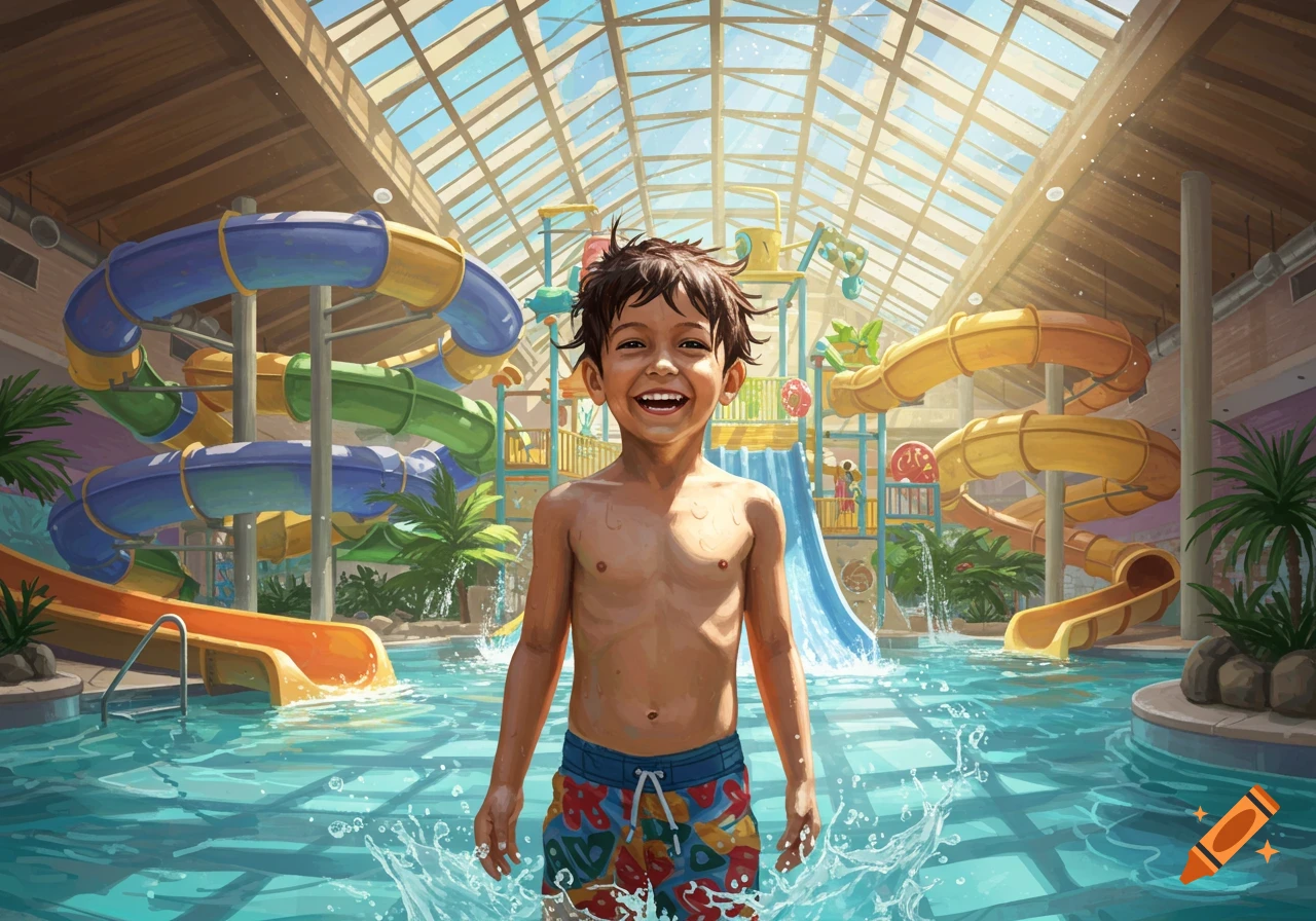 A smiling boy stands in shallow water at an indoor waterpark with large colorful water slides.