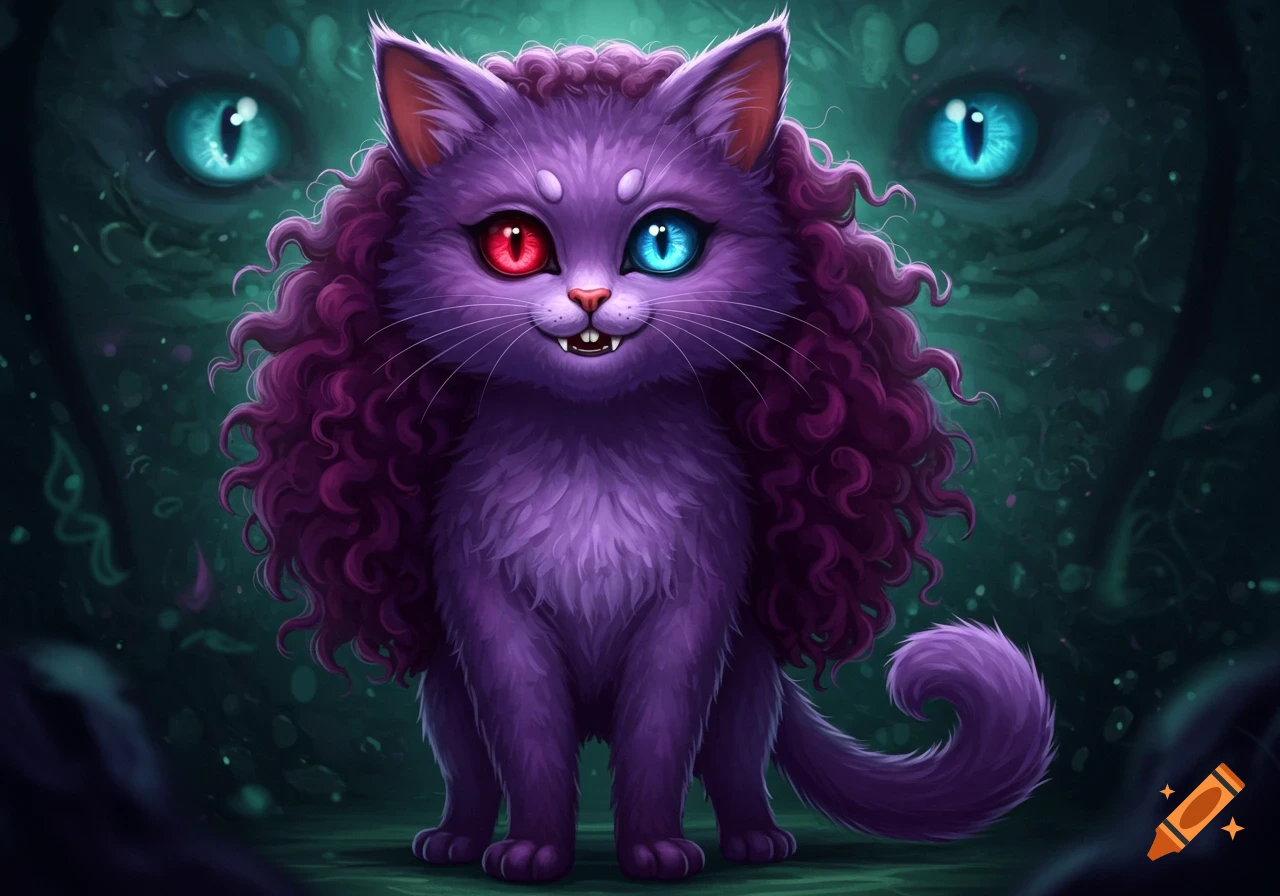 A purple cartoon cat with curly shoulder-length hair, one red eye and one blue eye, and small fangs, standing in a dark fantasy forest with glowing eyes in the background.