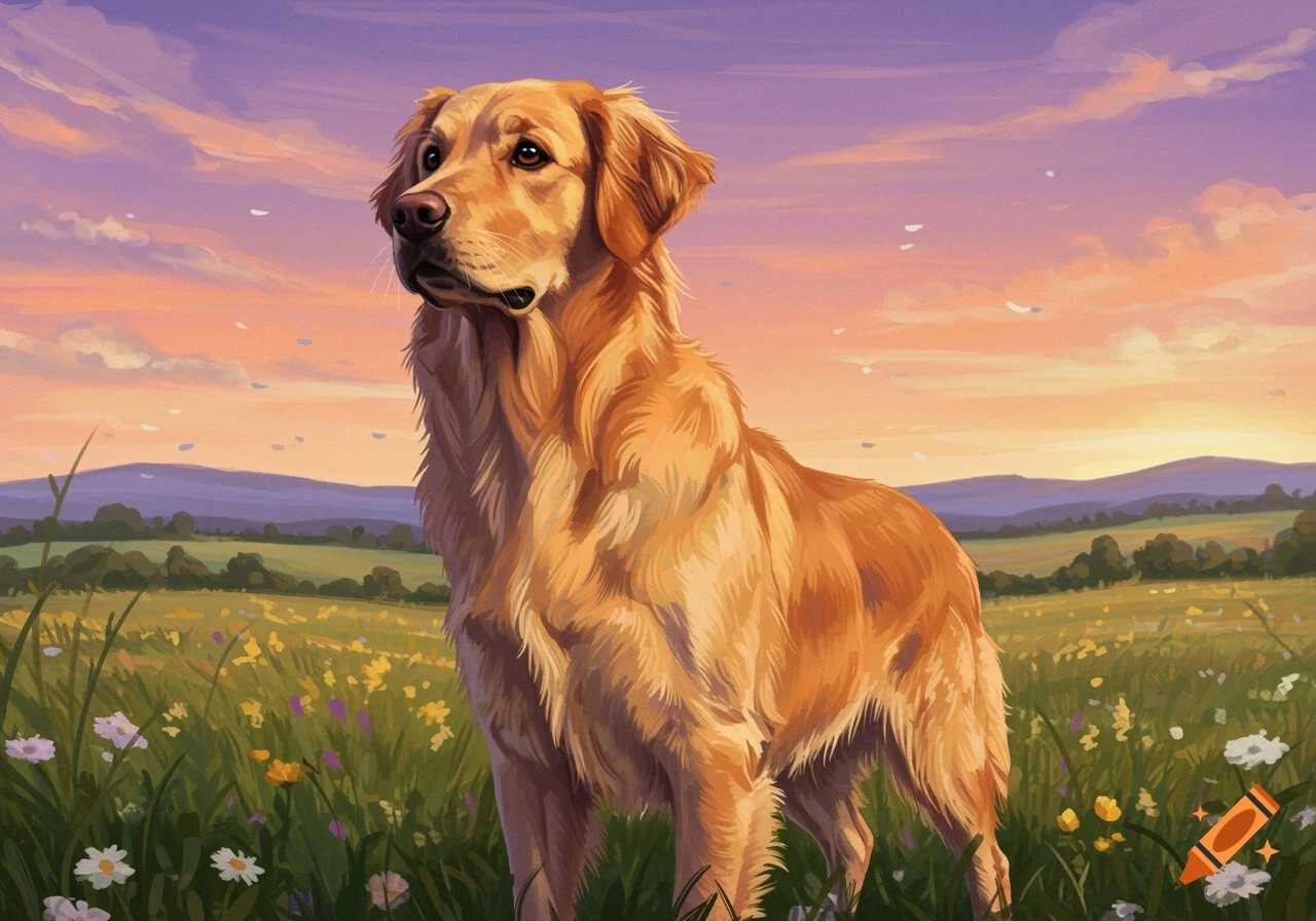 A Golden Retriever stands in a field of wildflowers with mountains in the background under a sunset sky, in a painted style.