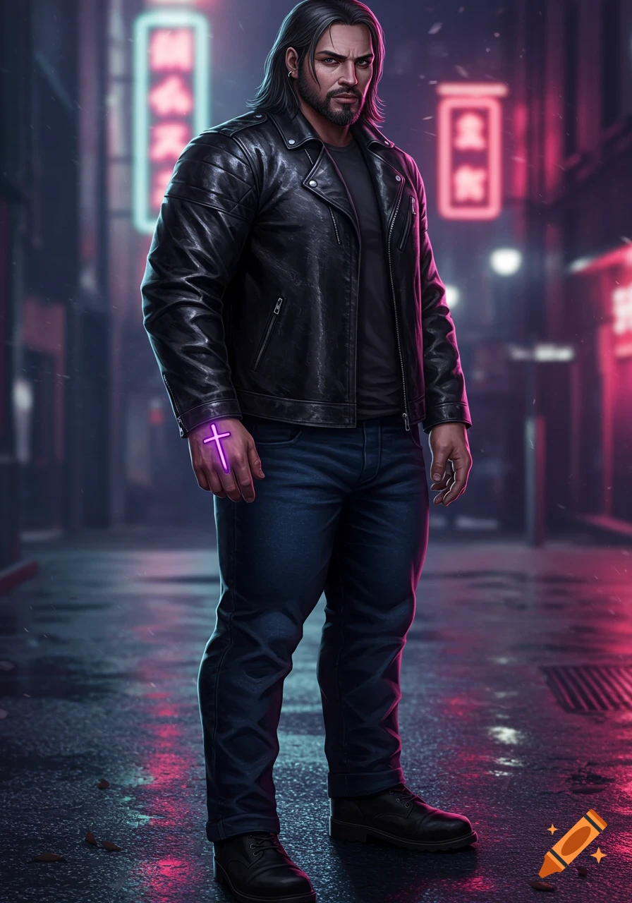 A muscular man in a black leather jacket stands on a wet city street at night with neon lights. He has long dark hair, a beard, and a glowing purple cross tattoo on his hand.