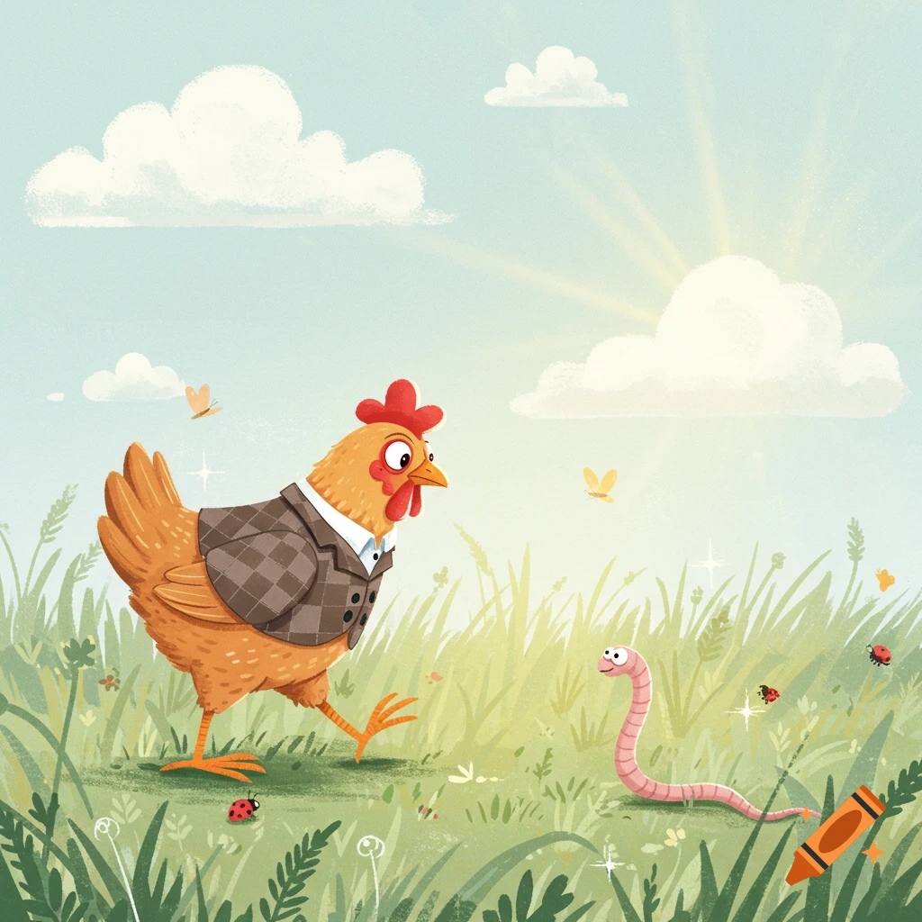 A cartoon chicken in a checkered jacket looks at a pink worm in a green field under a sunny sky.