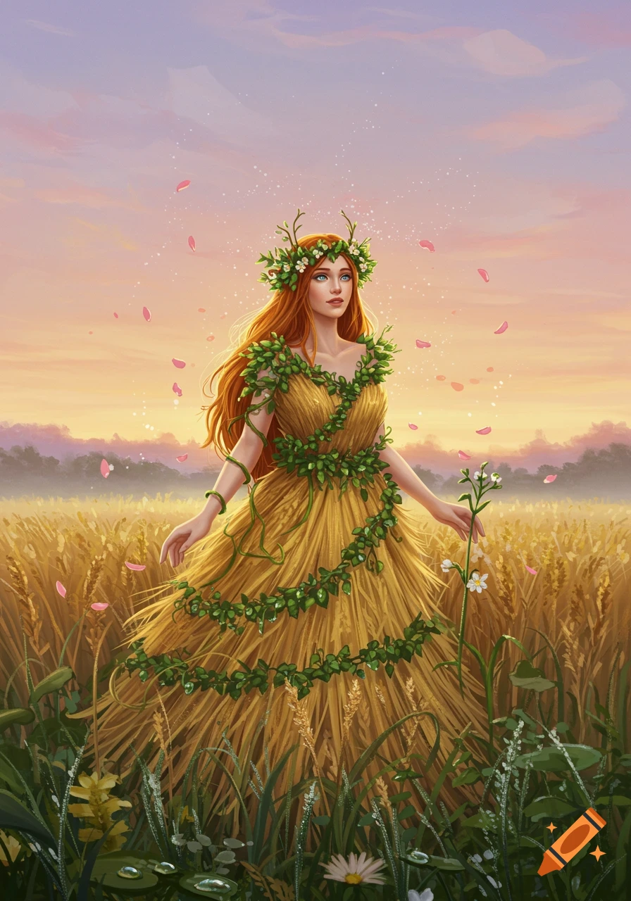 A red-haired woman in a straw dress adorned with green vines and a floral wreath stands in a wheat field at sunset, holding a white flower.