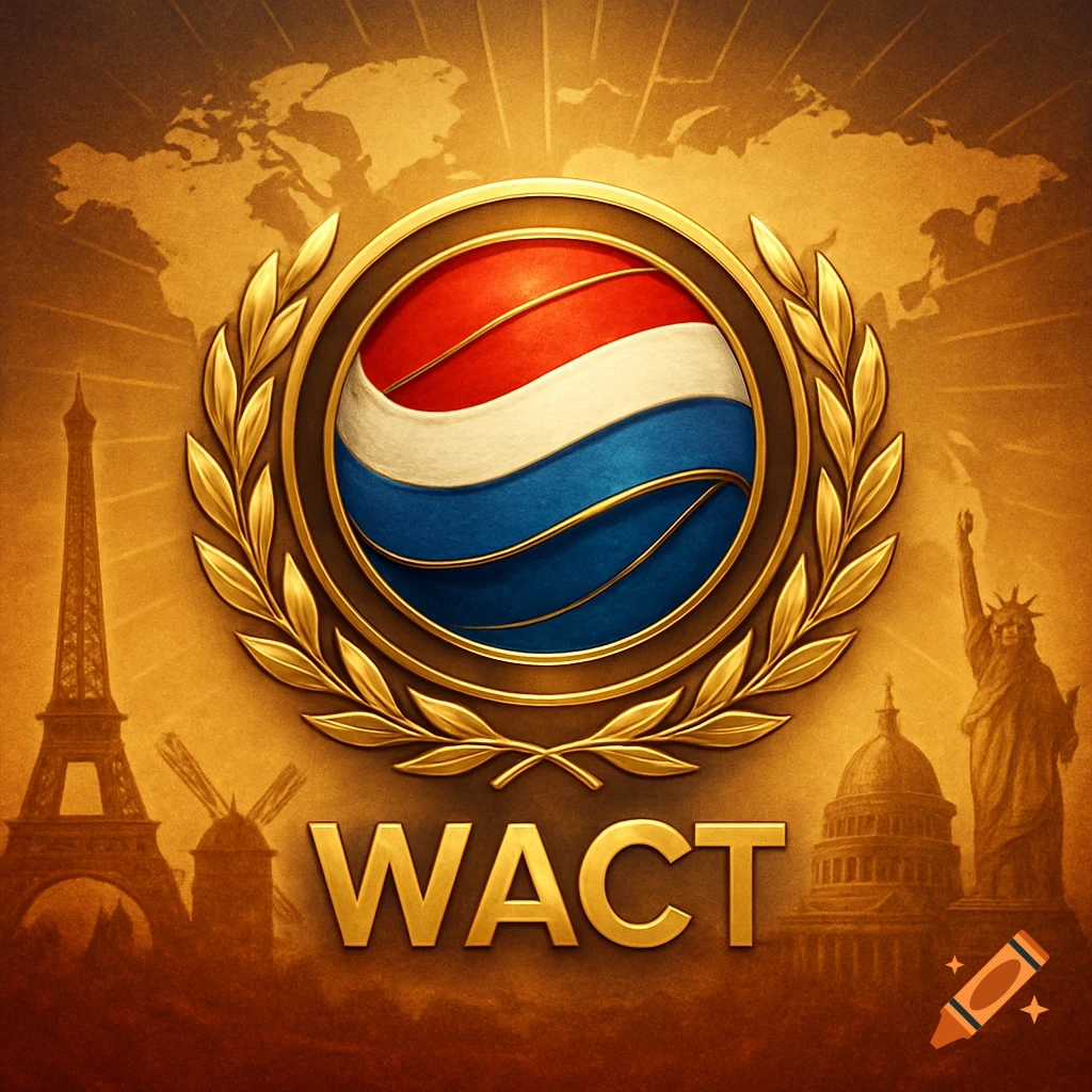A golden emblem featuring a red, white, and blue sphere and laurel wreath, with silhouettes of international landmarks and 'WACT' text on a map background.