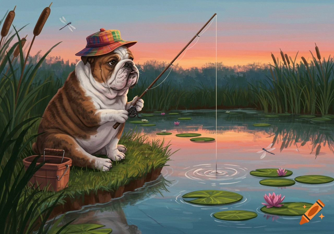 An illustration of a bulldog wearing a plaid hat, sitting by a pond and fishing at sunset, with lily pads and reeds.