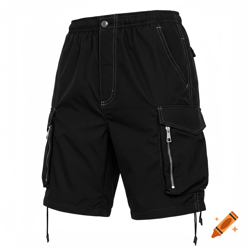 Black cargo parachute shorts with white stitching on a white background.