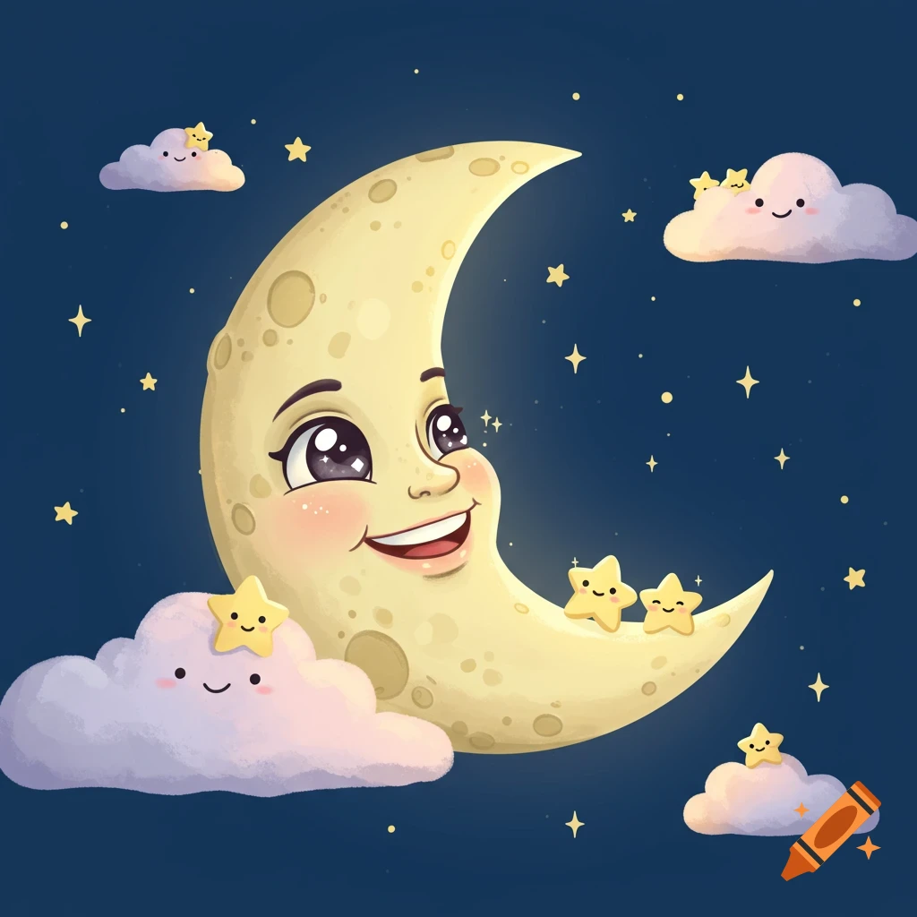 A happy cartoon crescent moon with a smiling face, surrounded by twinkling stars and smiling clouds in a dark blue night sky.