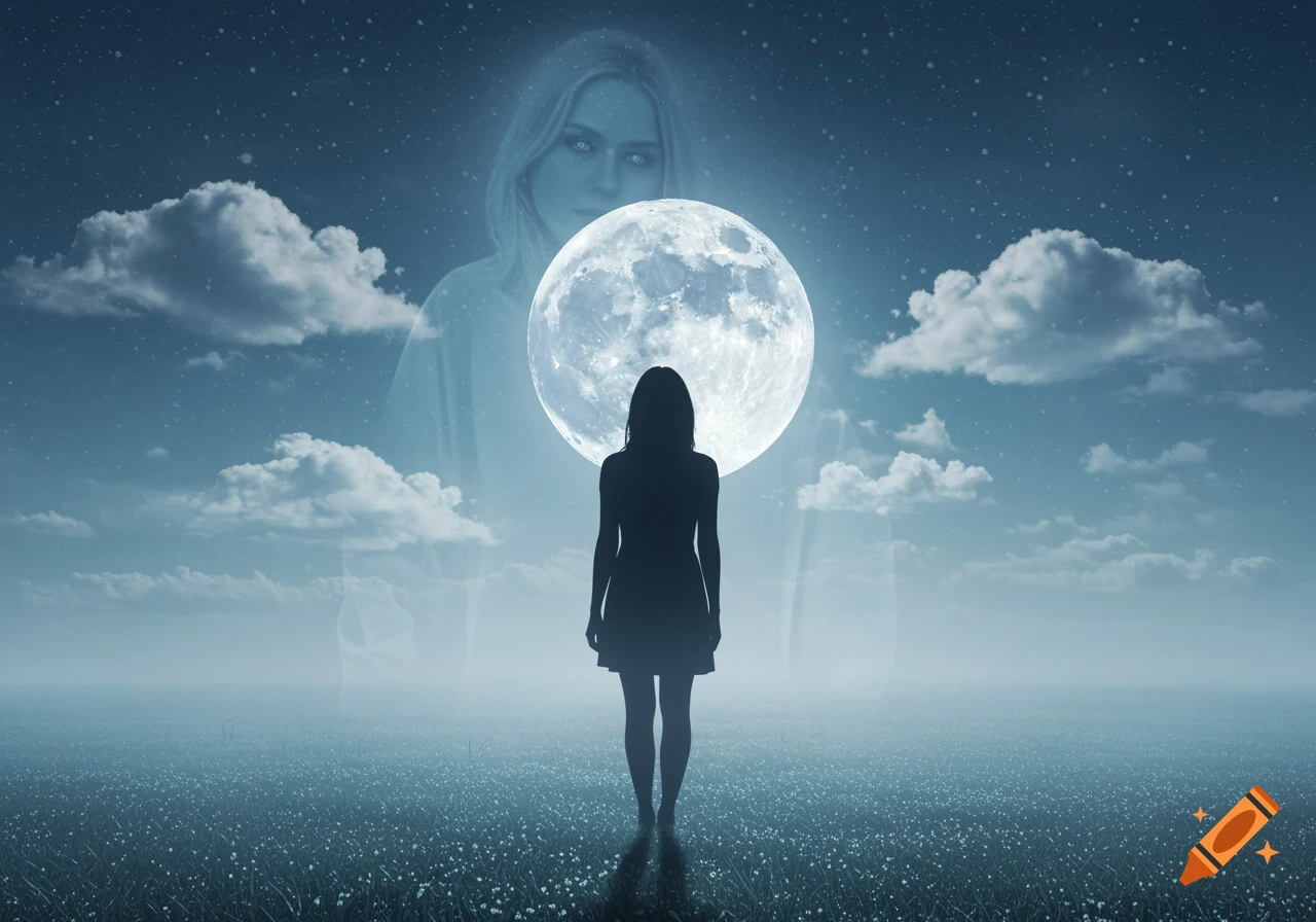 A silhouetted woman stands in a moonlit field with a ghostly figure behind her, a large full moon glowing in the night sky.