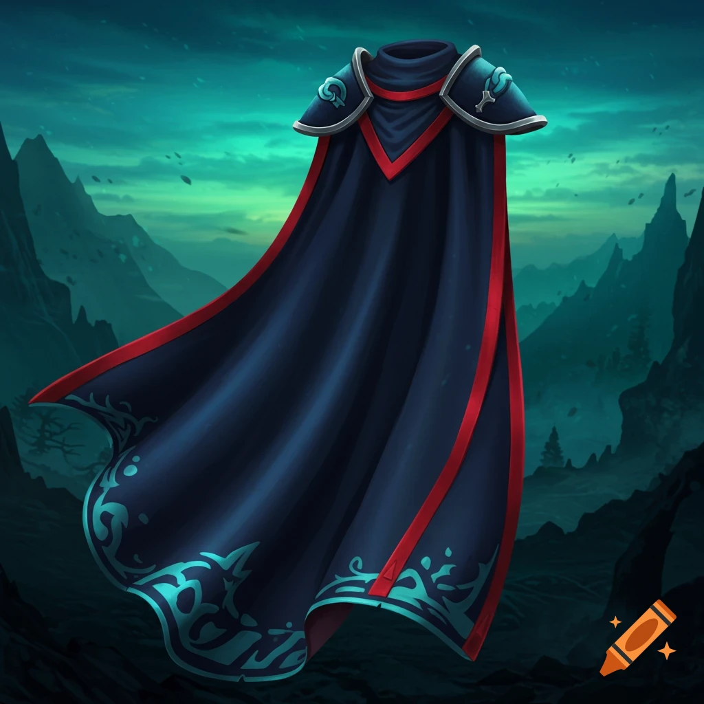 Dark blue and red fantasy cape with teal trim patterns, set against a dark teal mountainous landscape.