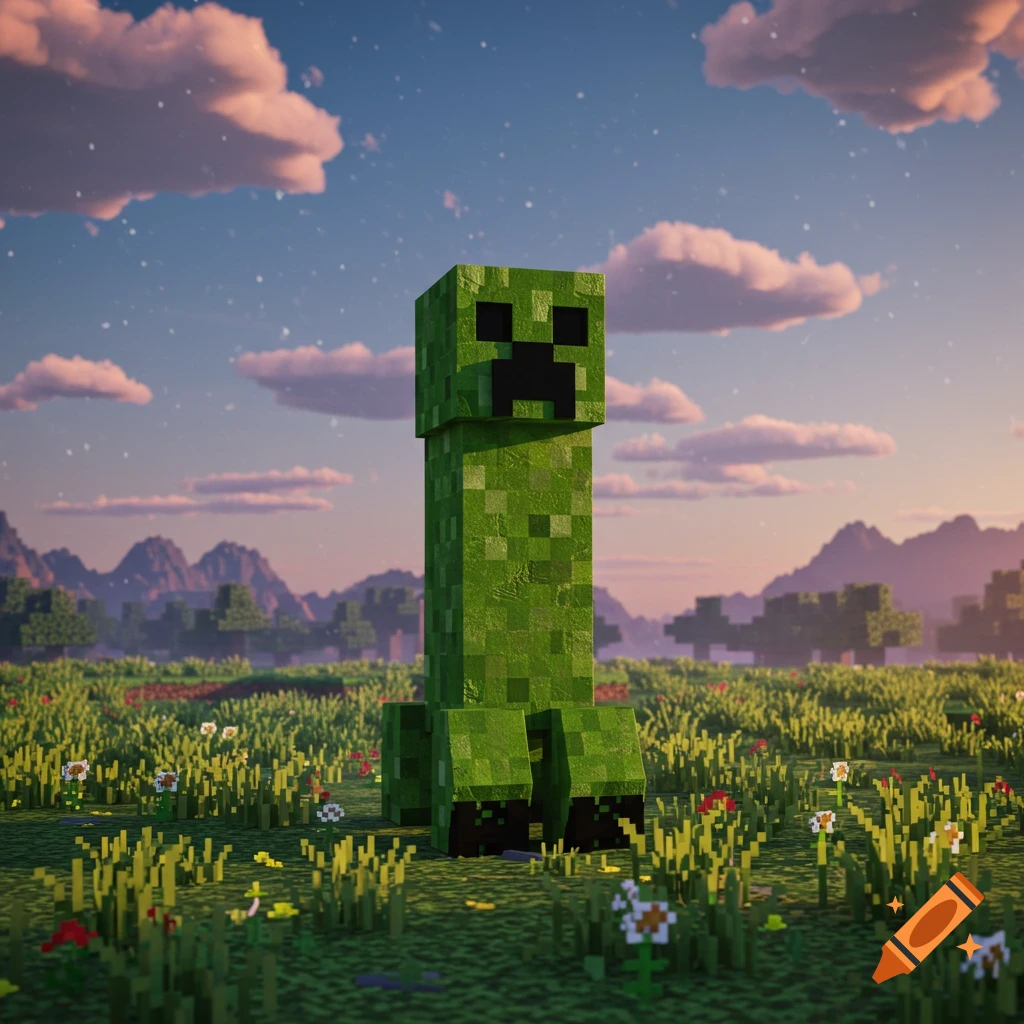 A Minecraft Creeper stands in a blocky, grassy field with flowers under a cloudy, warm-toned sky.
