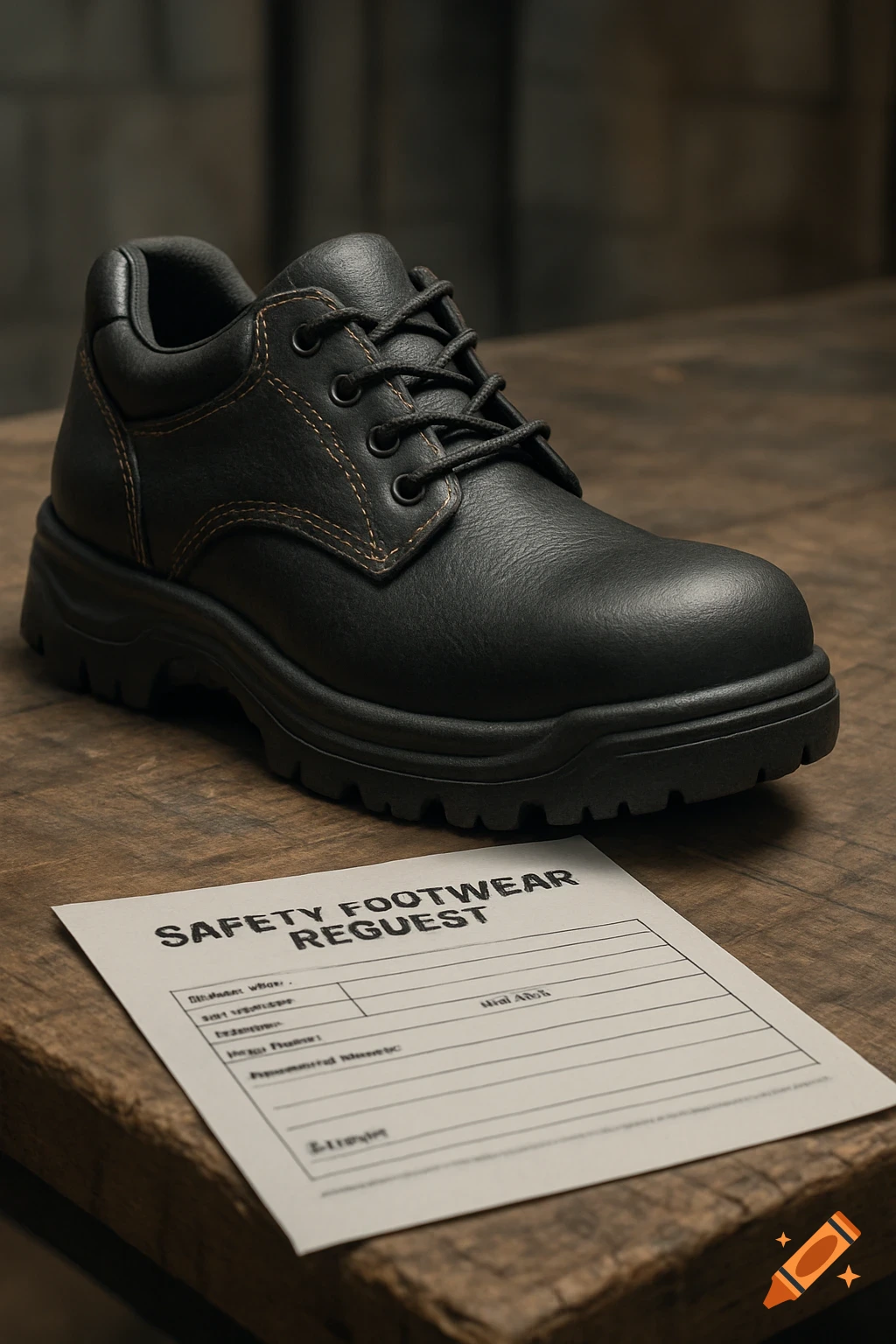 A black safety shoe and a 'Safety Footwear Request' form sit on a rustic wooden table in a photorealistic style.