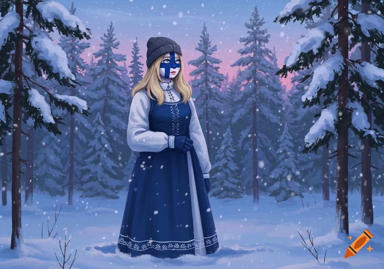 An illustrated female character with the Finnish flag painted on her face, wearing a blue dress and beanie, standing in a snowy forest.