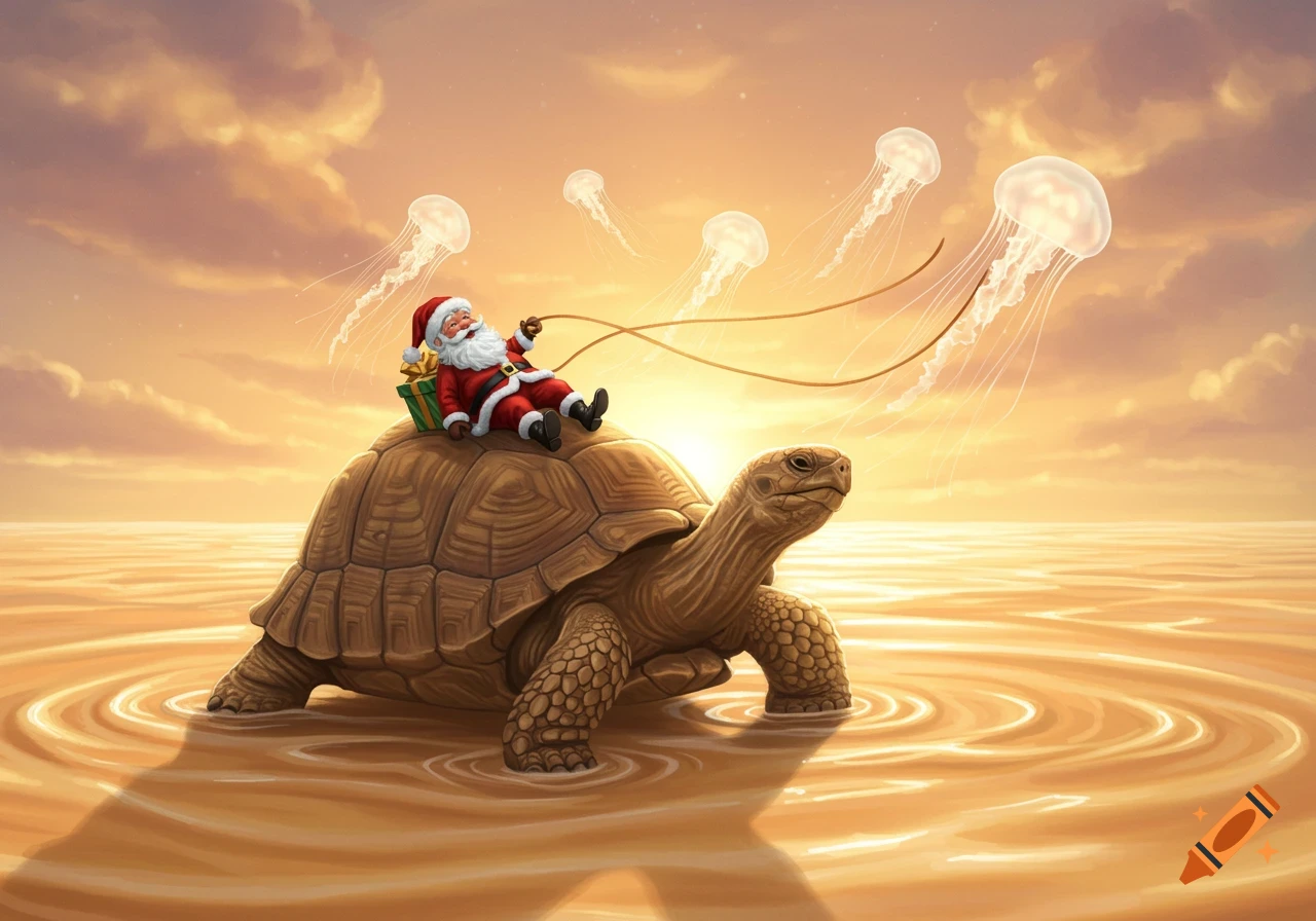 Santa Claus rides a giant tortoise across a golden, rippled sea, pulled by five large jellyfish in a whimsical, painterly style.