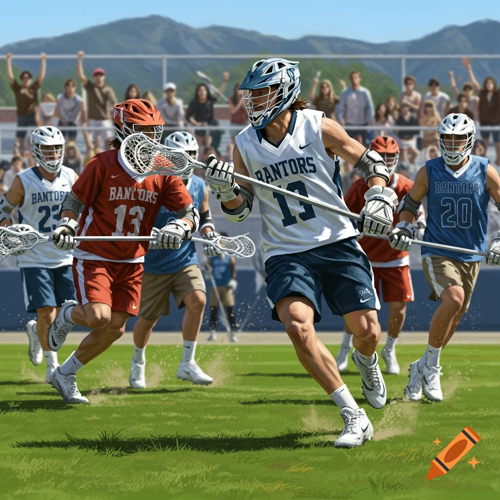 Photorealistic image of lacrosse players in white, red, and blue jerseys running on a grassy field, spectators and mountains in the background.