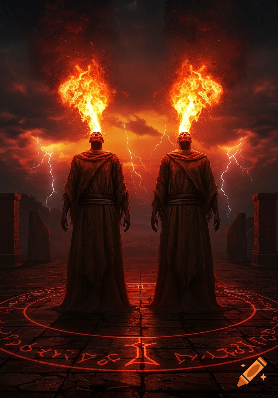 Two figures in robes stand in a red glowing magic circle with flames erupting from their heads under a stormy, lightning-filled sky.
