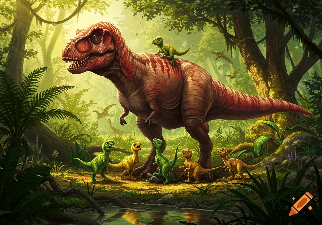 A large red T-Rex with baby green and yellow dinosaurs in a lush jungle, one riding on its back.