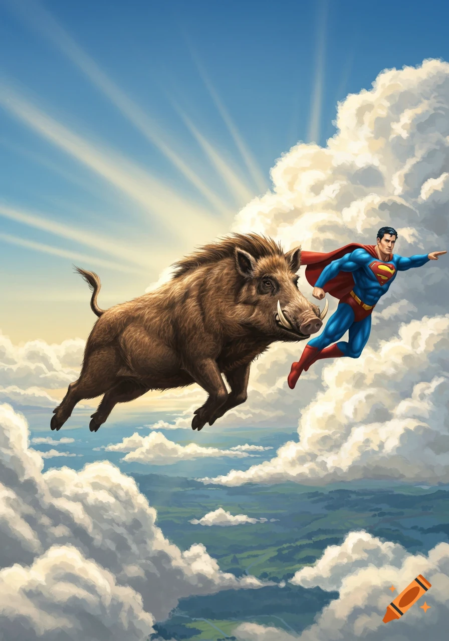 Superman and a wild boar flying through white clouds in a bright blue sky, illustration.