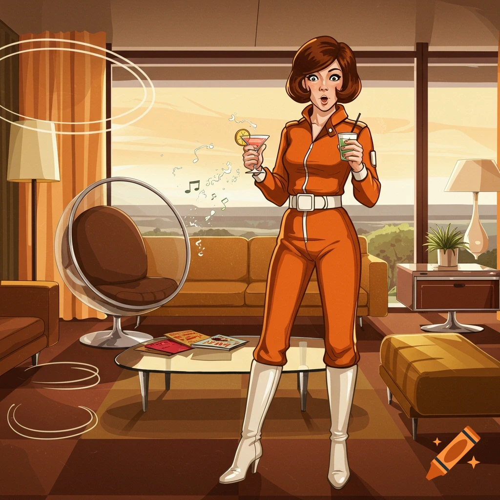A cartoon woman in an orange jumpsuit and white boots stands in a retro living room, holding two drinks, with musical notes and swirls around her.