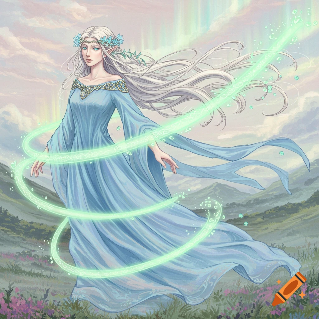 A graceful female elf with long white hair and a blue dress stands in a field, surrounded by glowing green magic.