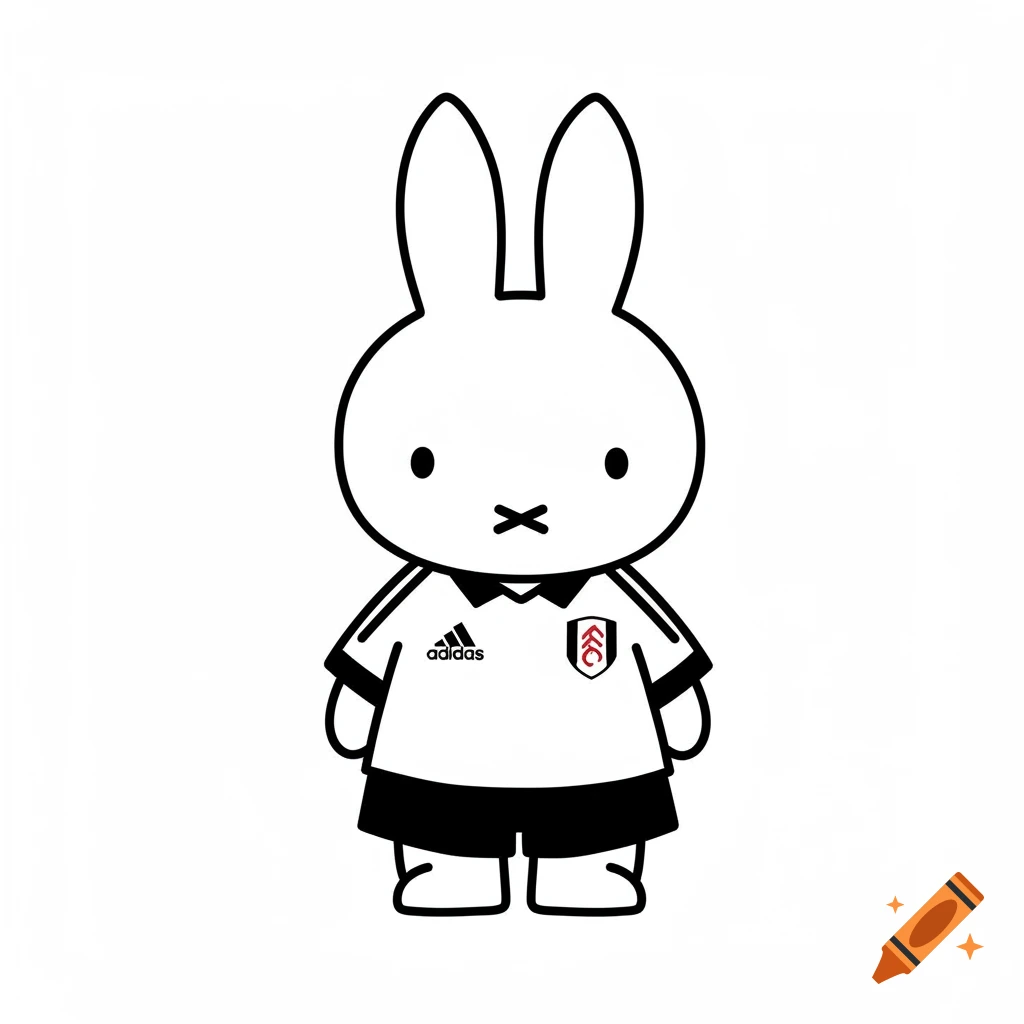 A cartoon Miffy bunny wearing a white and black Fulham FC football kit with an Adidas logo.