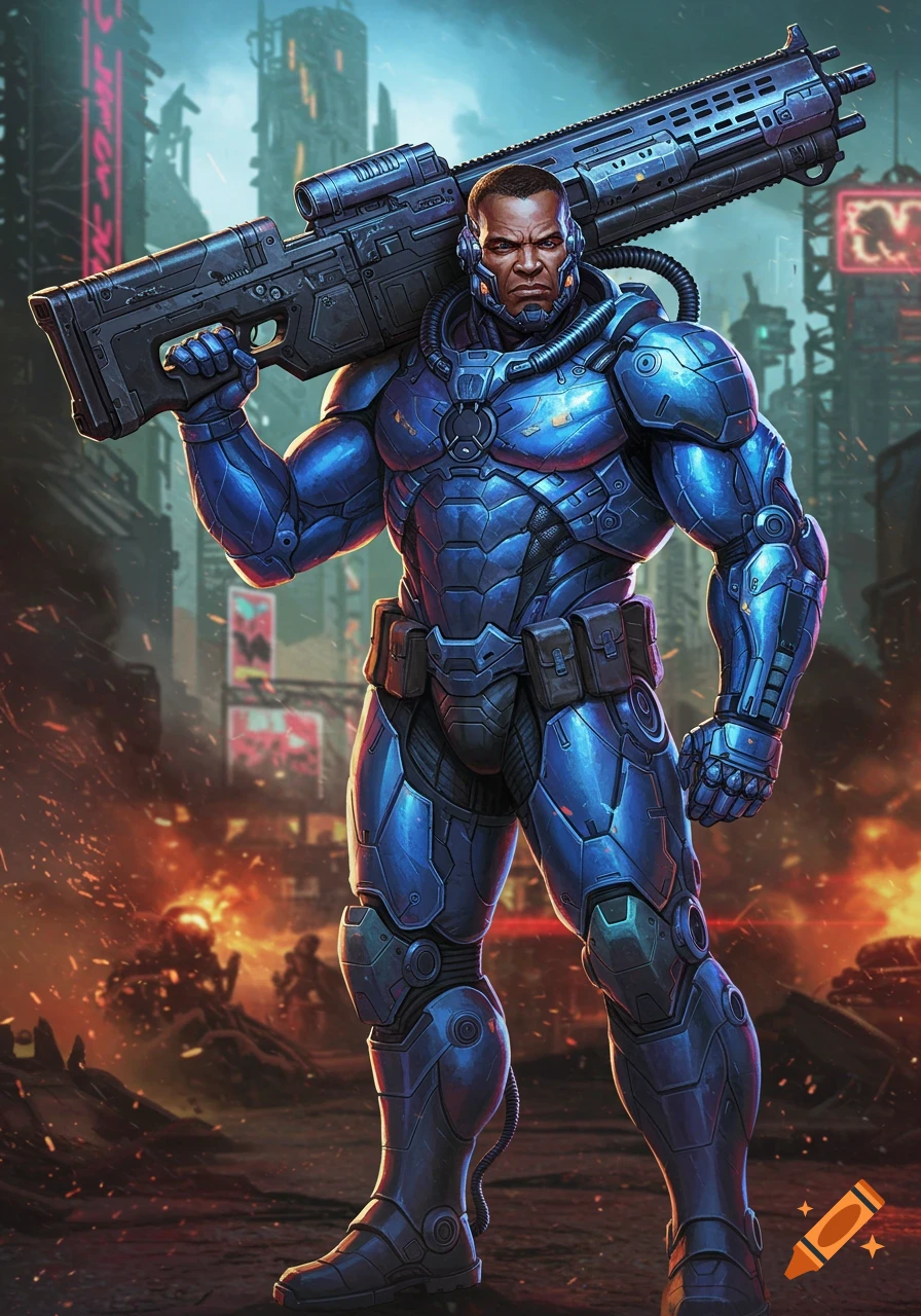 A powerful sci-fi super soldier in blue armor holds a large rifle over his shoulder, standing in a futuristic, fiery city.