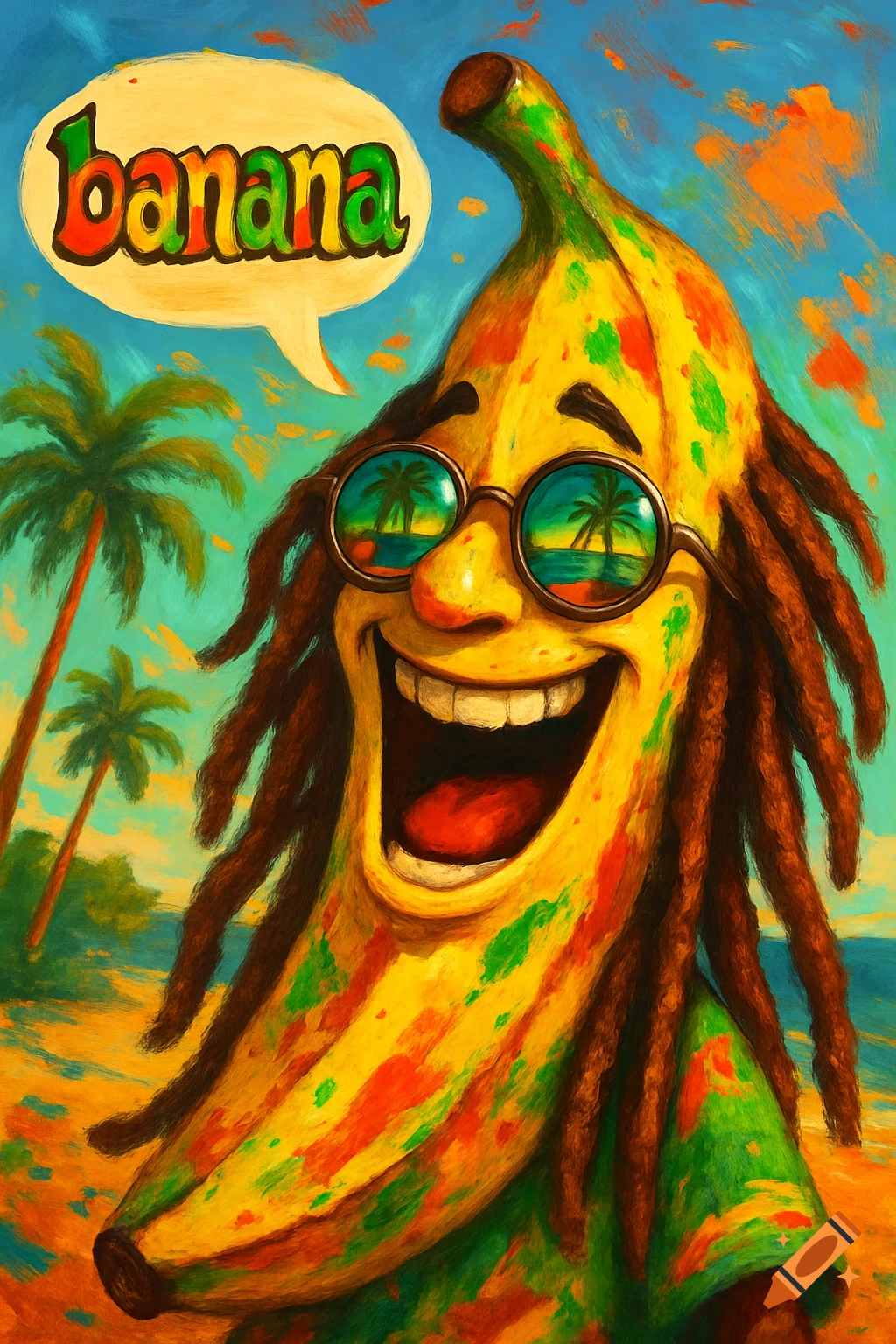 A vibrant, cartoonish banana character with dreadlocks and round sunglasses laughs on a tropical beach, with a speech bubble saying "banana" in a colorful font.
