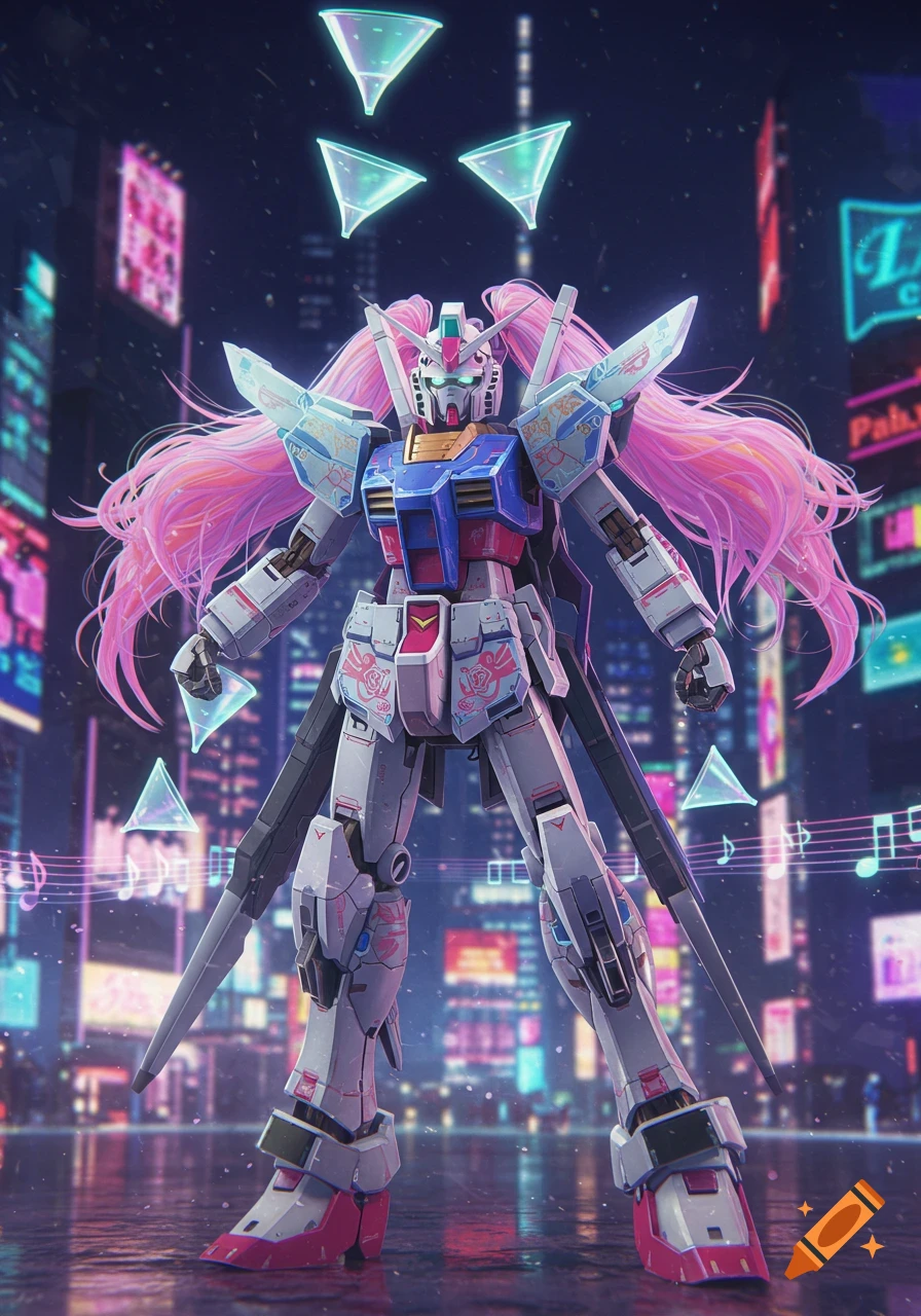 A pink-haired Gundam robot stands in a neon-lit cyberpunk city, with glowing triangular drones and musical notes floating around it, in an anime style.