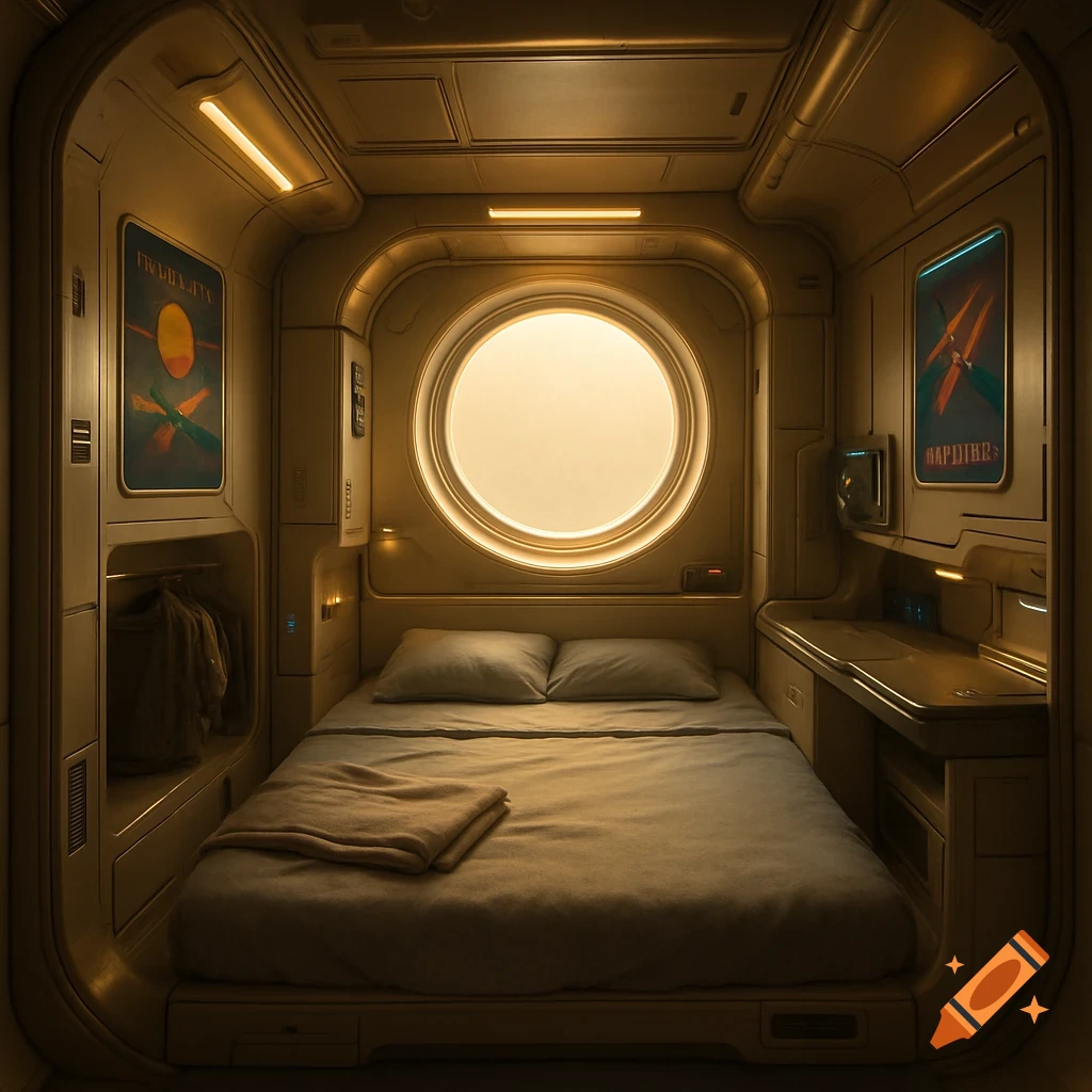 A futuristic, minimalist bedroom in a spacecraft or space station, with a bed, circular window, and warm golden lighting.
