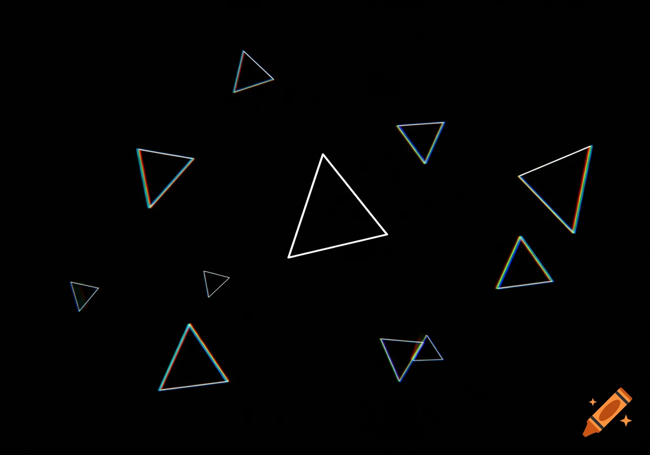 White outlined triangles with chromatic aberration on a black background.