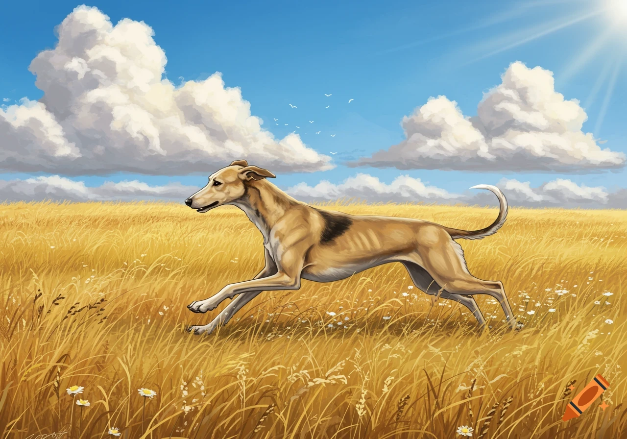 A tan greyhound runs through a golden field under a blue sky with fluffy clouds, illustrated.