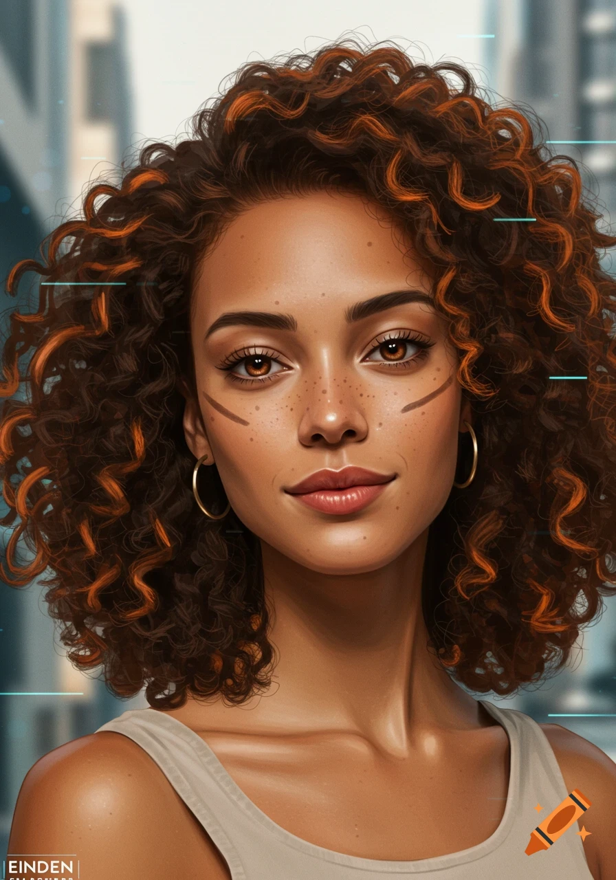 Realistic portrait of a fair-skinned woman with curly brown and copper hair, hazelnut eyes, freckles, and a gentle expression, with a subtle futuristic urban background.
