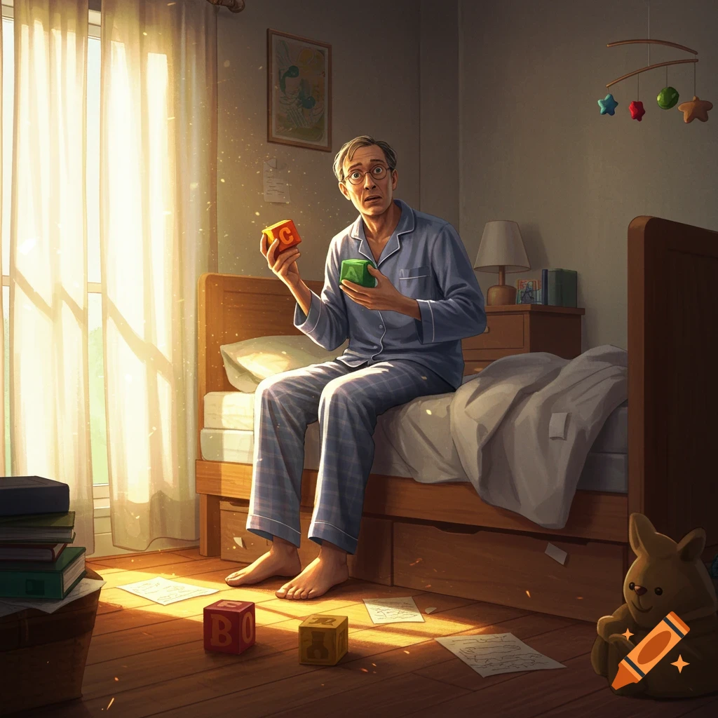 An adult man in blue pajamas sits on a bed in a sunlit bedroom, holding colorful building blocks, looking confused. Other blocks and papers are on the floor. A mobile hangs overhead.