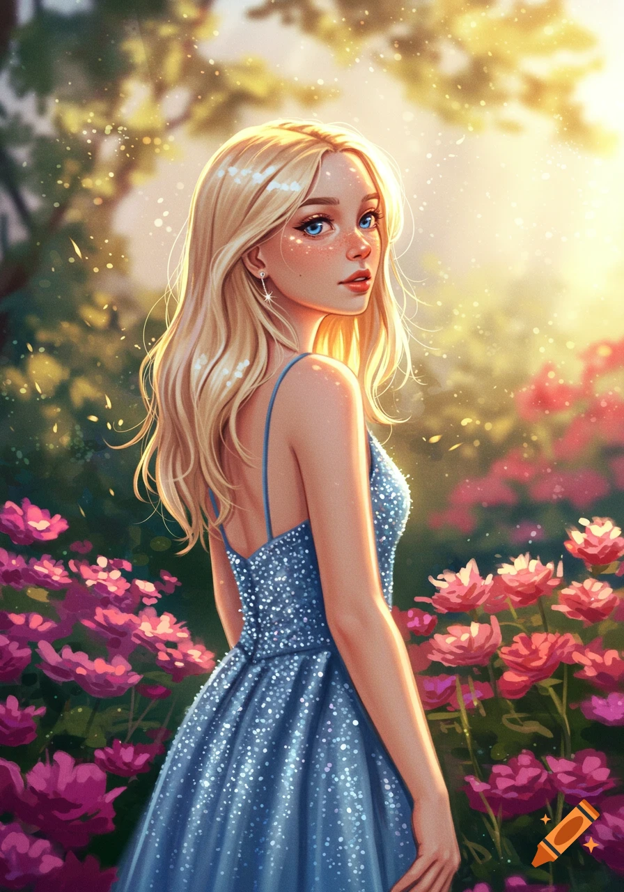 A blonde woman in a sparkly blue dress stands in a vibrant garden filled with pink flowers, bathed in golden sunlight.