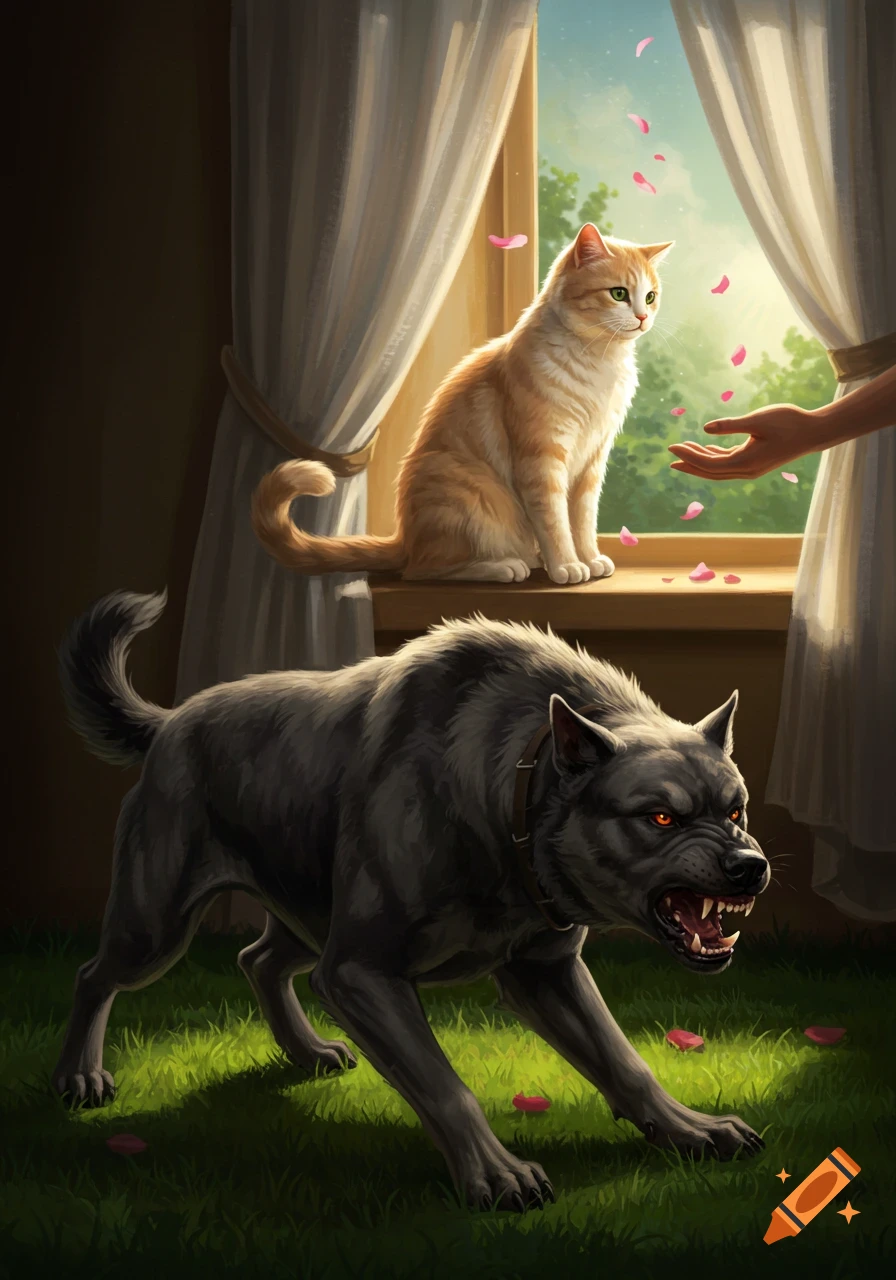 An orange cat sits on a sunlit windowsill with a human hand and falling pink petals. Below, a menacing grey dog snarls on green grass.