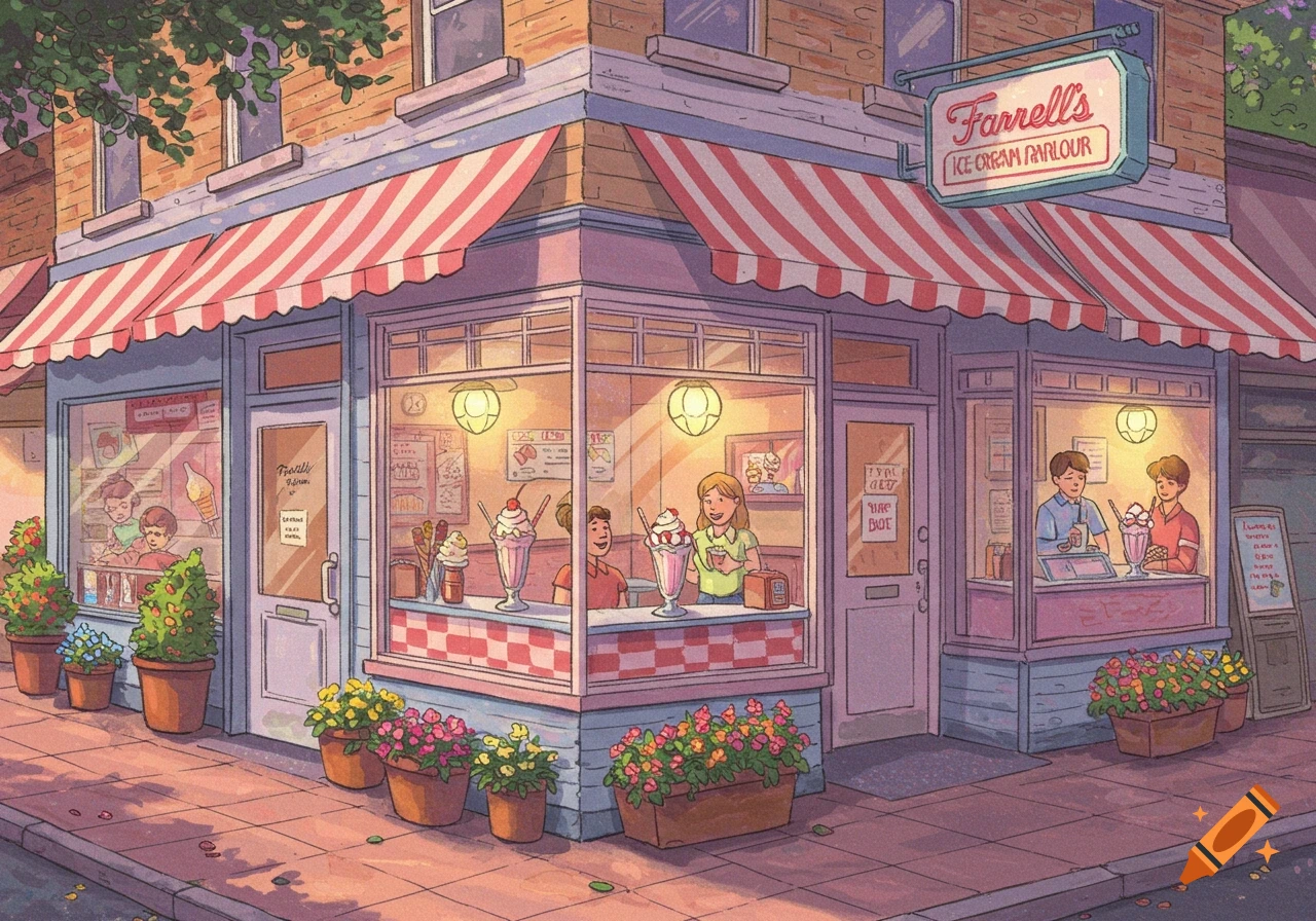 An illustration of Farrell's Ice Cream Parlour on a street corner with red and white awnings and people inside.